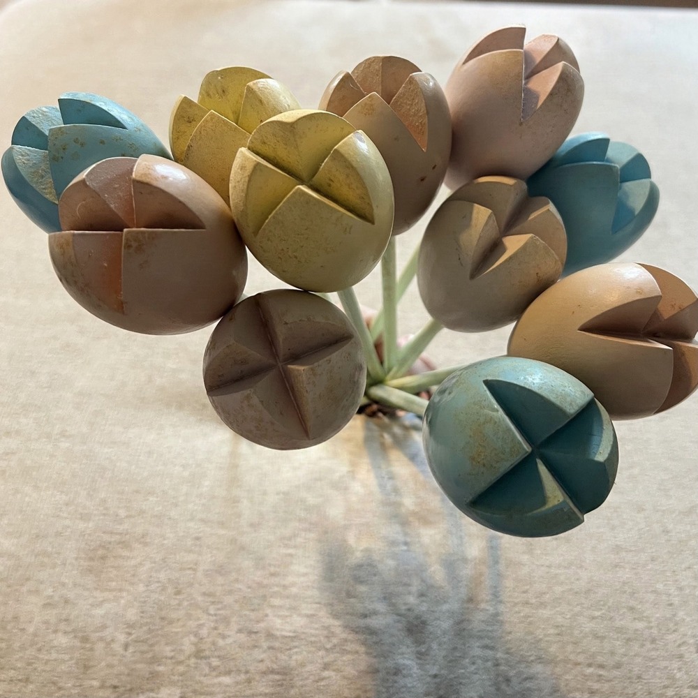 Vintage Wooden Tulip Bouquet 10pc Pastel Hand Painted Folk Art Floral Decor